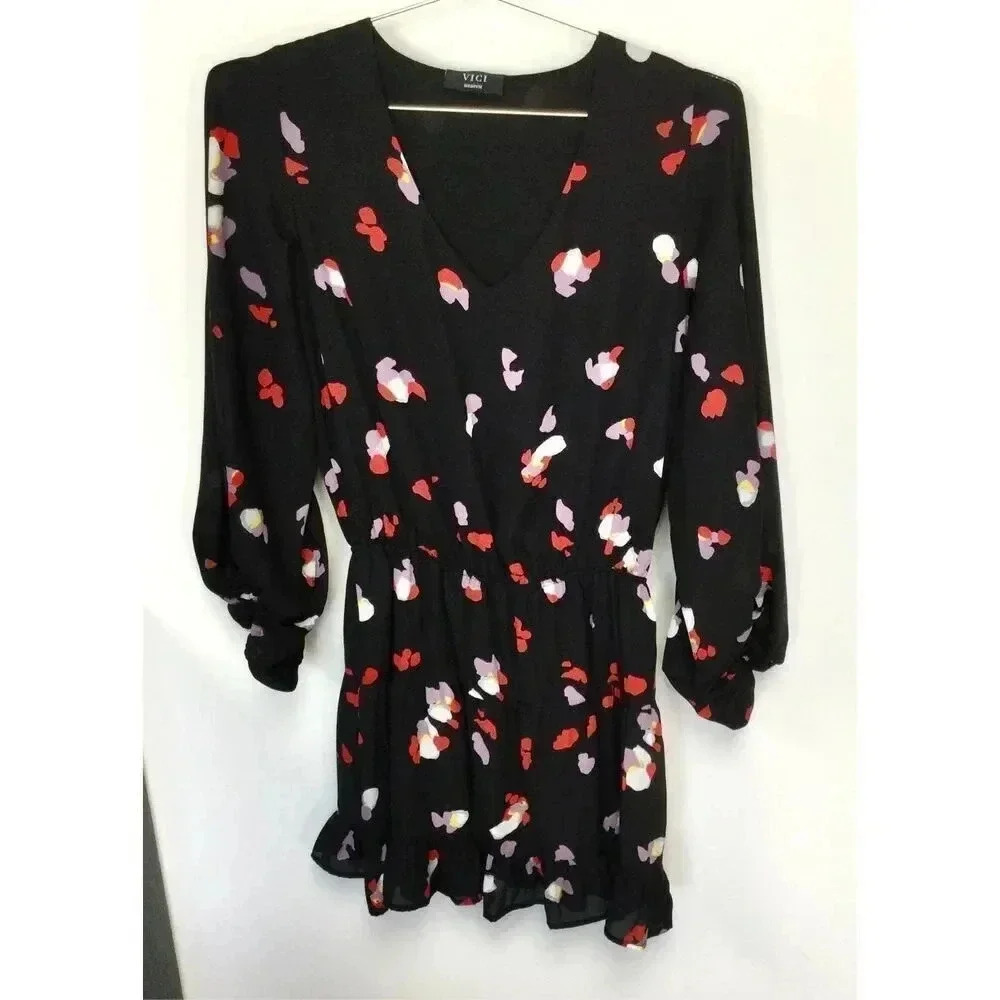 Vici Womens Black Tyche Tiered Balloon Sleeve Ruffle Cocktail Mini Dress Medium